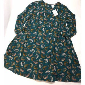 H&M Womens A Line Dress Green Chameleon Print Keyhole Back Long Sleeve 12 New
